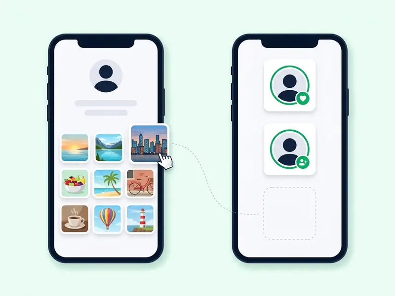 A phone browsing a profile grid beside the owner's phone, whose notification cards show a like and a new follower but only an empty dashed card where a visit would be