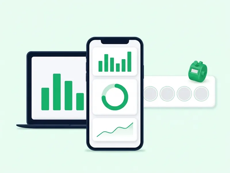 An insights dashboard on a phone with green bar charts and a ring chart, next to a row of blank grey avatar circles with no faces, showing that visits are counted but not named