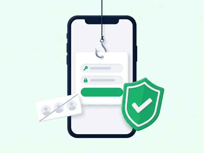 A phone with a white login card caught on a fishing hook, next to a large green shield with a check mark, showing an app that asks for your password