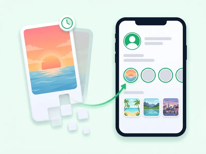 A story card fading away next to a phone profile, where the same photo sits safely in a round highlight cover