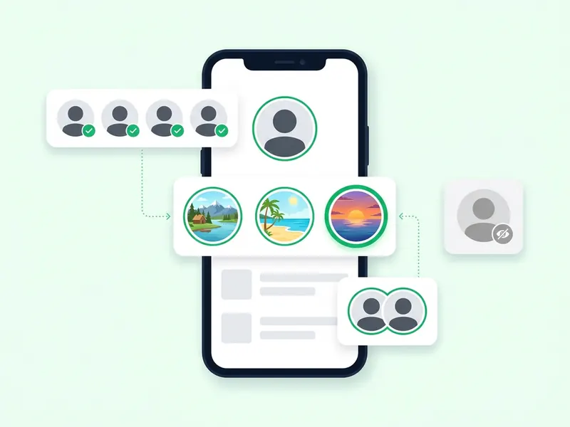 A phone profile with round highlight covers, surrounded by follower avatars with green checks, a small Close Friends group inside a green ring, and one hidden avatar set apart
