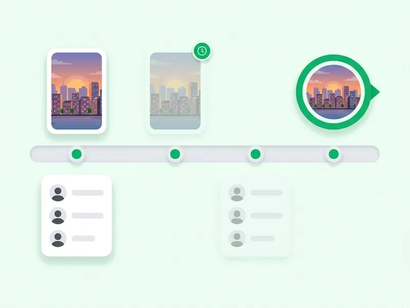 A timeline where a story card turns grey after one day, a viewer list of round avatars fades after two days, and a highlight cover with a green ring carries on to the end