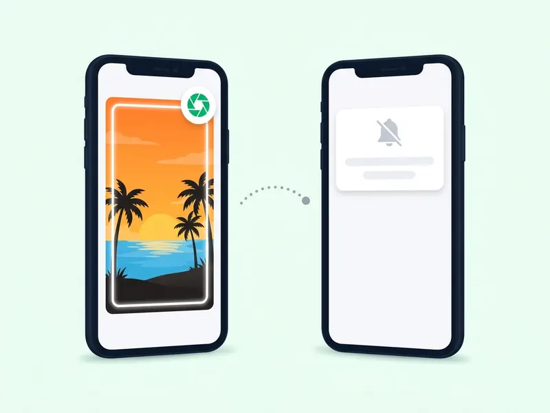 A phone capturing a story with a white flash frame, beside a second phone whose notification panel stays empty