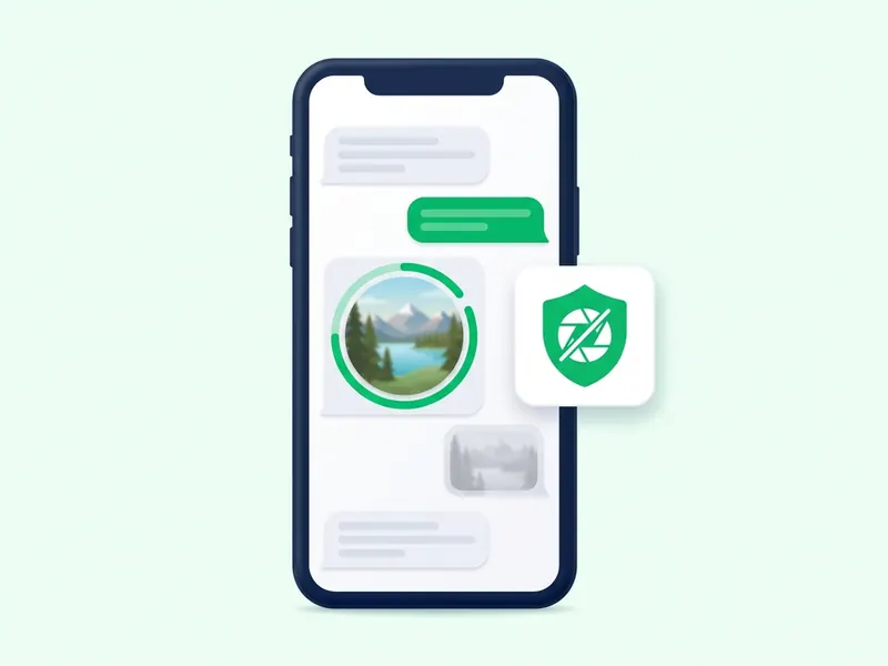 A phone showing a chat with a blurred photo bubble wrapped in a green ring and a shield badge blocking a camera shutter icon