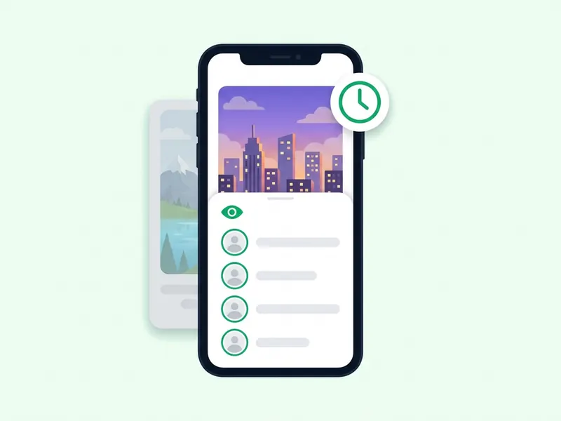 A phone showing a story with a white card sliding up from the bottom that lists round avatar silhouettes, next to a small green clock badge