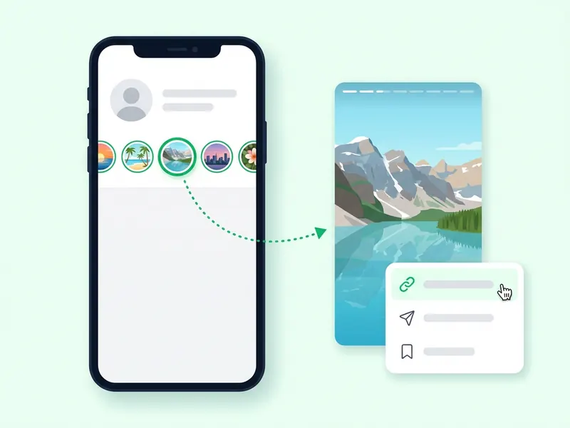 A phone showing a profile with a row of round highlight covers, one of them open as a tall story with a small menu and a green link button
