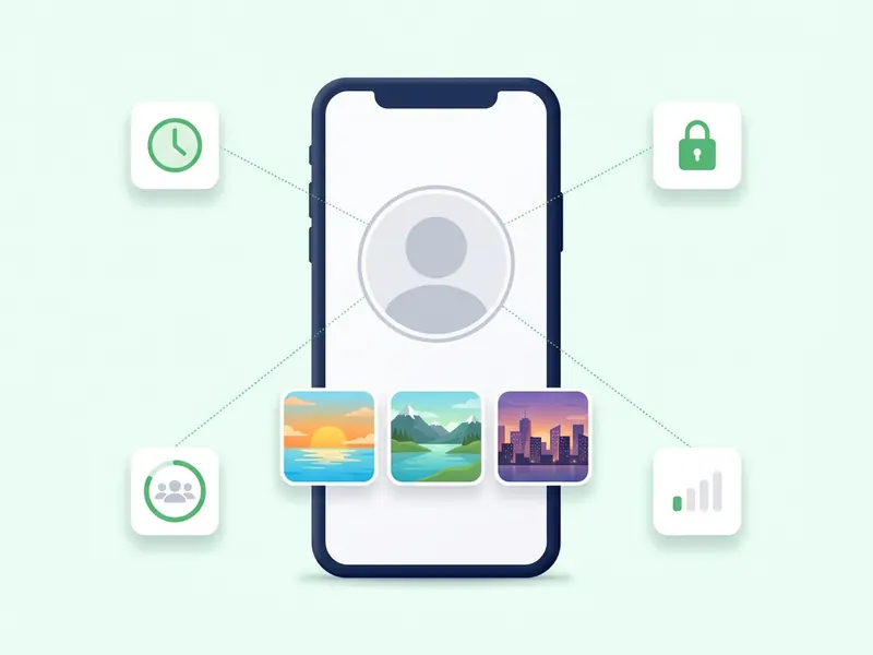 A phone showing a profile with no story ring, surrounded by small badges for the common reasons: a clock, a padlock, a green circle of friends and a weak signal
