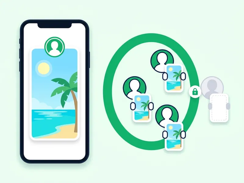 A tall story card with a beach photo shared with a green circle of three round silhouettes, while a fourth grey silhouette outside the circle faces a blank card