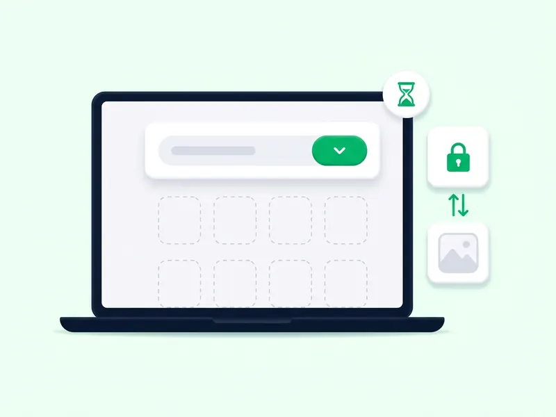 A laptop showing a search card with a green button above an empty results grid, with two small cards beside it, one with a padlock and one with an empty frame, and a small hourglass badge